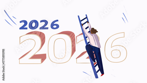 A person climbing a ladder next to the year 2026 with the number six partially obscured by the ladder
