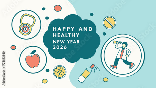 Illustration for happy and healthy new year 2026 with apple, water bottle, and person looking through scope