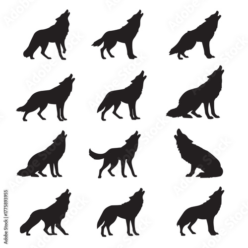 Howling coyote silhouette set isolated on white background