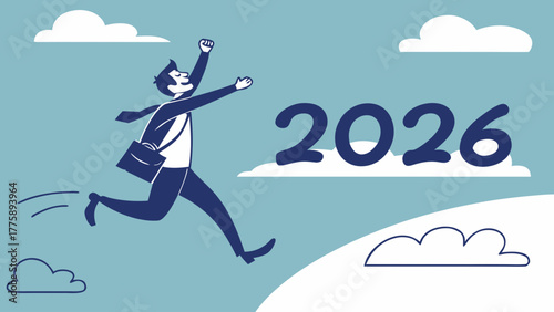 Illustration of a running man with a briefcase celebrating the year twenty twenty six in a blue sky scene