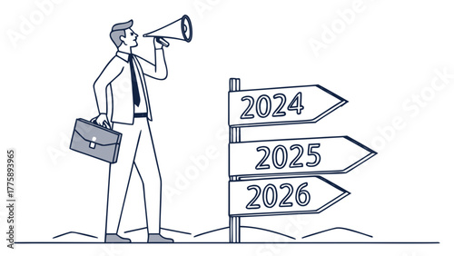 Man in suit with briefcase shouting into megaphone next to signpost with years pointing ahead