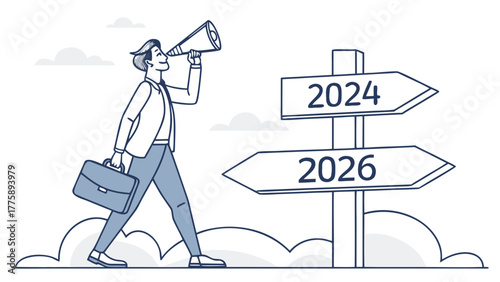 Man with briefcase using megaphone looking at signpost with years in the future on a cloudy day