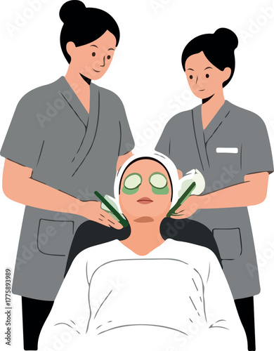Two Spa Therapists Applying Cucumber Slices To A Relaxing Woman's Face