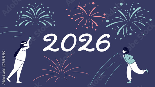 Illustration of two people celebrating new year 2026 with fireworks on a dark blue background color