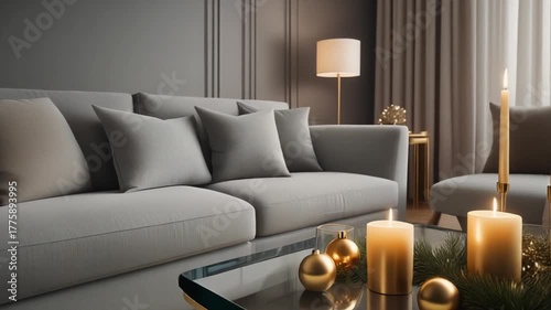 Elegant modern living room corner with subtle Christmas décor and warm lighting
