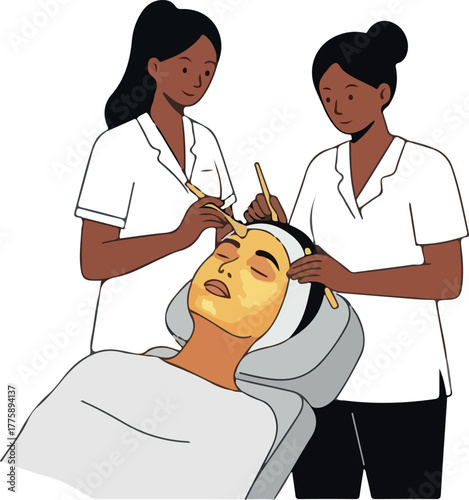Two Women Apply Golden Facial Mask To Relaxed Woman Flat Design