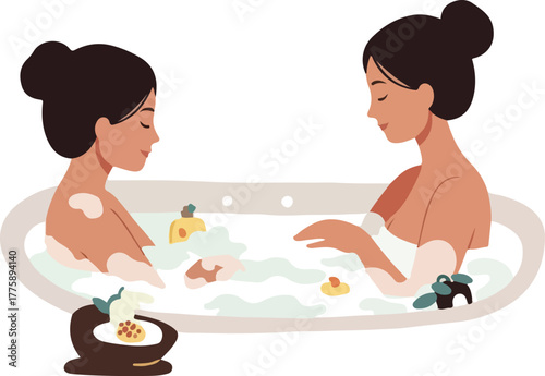 Two Women Bathe Together with Soap Bubbles and Rubber Ducks Flat Design Illustration