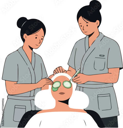 Two Women Give Facial Treatment with Cucumber Slices and Tools
