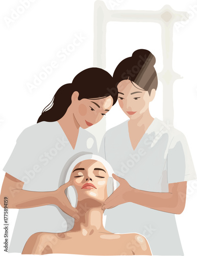 Two Women Give Facial Massage to Young Woman in Spa Flat Design