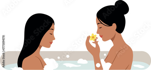 Two Women Relaxing in Bathtub With Flower Aroma Therapy