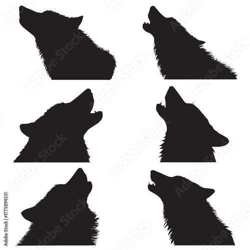 Howling wolf head silhouette set isolated on white background