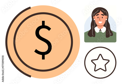 Woman avatar next to dollar coin and star. Ideal for finance, career growth, reward programs, success, customer loyalty, investment, motivation. Clear simple flat metaphor