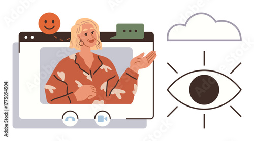 Woman gesturing during video call on virtual interface, speech bubble, happy icon, eye graphic, and cloud. Ideal for connection, video calls, online learning, creativity mindfulness technology