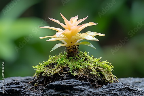 Delicate Tropical Plant with Unique Leaves on a Bed of Soft Green Moss and Dark Rock