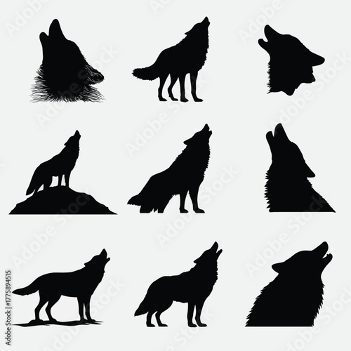 Howling wolf head silhouette set isolated on white background