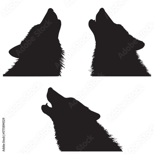 Howling wolf head silhouette set isolated on white background