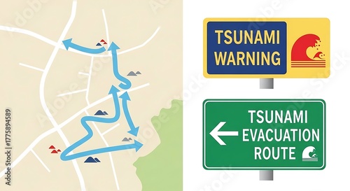 Tsunami warning and evacuation route signs accompanied by a map illustrating emergency preparedness for natural disaster safety