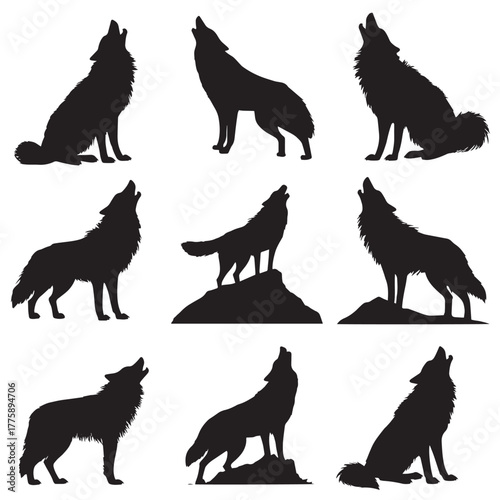 Howling wolf head silhouette set isolated on white background