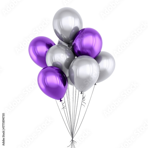 Group Of Shiny Purple And Silver Balloons Floating Together Against A Transparent Background