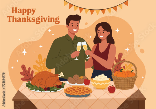 Happy Thanksgiving Couple Toasting Dinner Turkey Pie Pumpkin Flat Vector