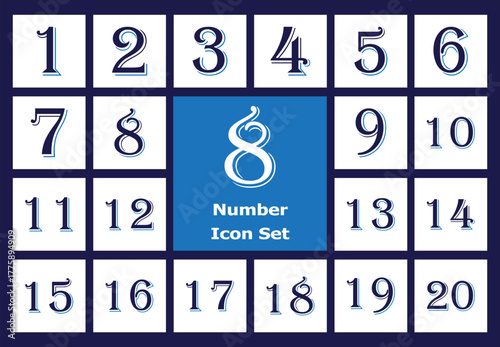 Blue and White Number Icon Set 1-20 - Flat Style Counting Symbols, Bold Numerals for Infographics, Modern Vector Graphics