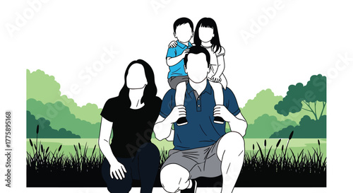Family illustration vector art happy parents with kids outdoors