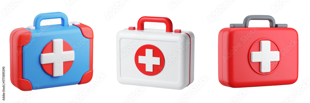 Obraz premium Three Medical Kits Of Varying Colors And Designs With A White Cross Symbol Representing Health Care And Emergency Assistance On Transparent Background