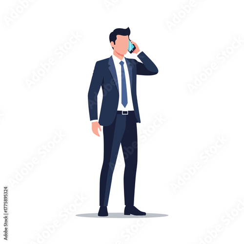 A formally dressed businessman stands while engaged in a phone conversation.