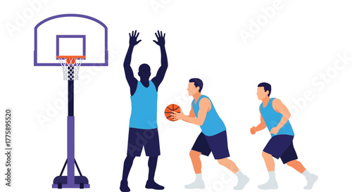 Basketball players practicing defense and offense near basketball hoop