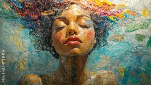 Emotional portrait of a young woman creative studio digital art colorful abstract close-up view inner peace concept