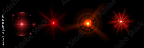 Red light effect reflections, neon illumination in red colors. Bright light lens. Police light effects, lines. Shiny stars, glowing sparks on a black background.