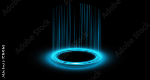Circular portals, teleport, hologram gadget. Futuristic teleport. Projector HUD or podium for magic circle teleportation. Set of circle holograms.Empty podium light effect.