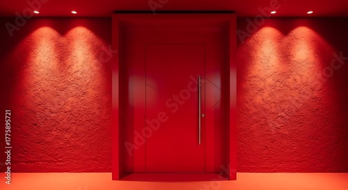 Large red door entrance to the meeting room in a red wall , Red wall texture in hall with modern red door. colorful gate in room