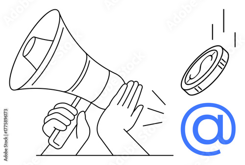 Megaphone amplifying a message, hand supporting, coin representing monetization, and symbol for email or social media. Ideal for marketing, communication, promotion, advertising, innovation finance