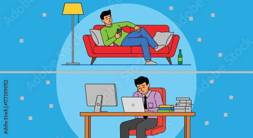 Work life balance concept illustration of lazy versus productive