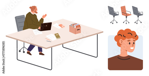 Person using a laptop at a modern desk surrounded by documents, office supplies, chairs, and a profile portrait. Ideal for workplace, productivity, business, organization, communication technology