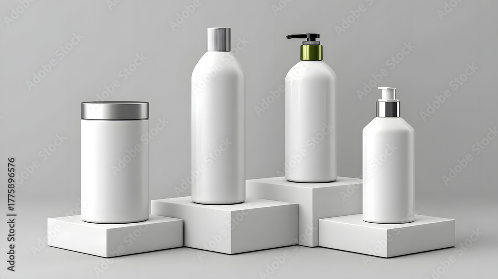 custom made wallpaper toronto digitalMinimalist white cosmetic bottle pump dispenser travel set skincare packaging. Minimal design pedestals with clean geometry, neutral tone, and soft light creates calm mood for product mockup