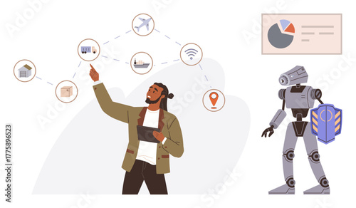 Man using tablet, gestures to connected icons, robot with shield nearby. Ideal for innovation, automation, IoT, smart solutions, AI development teamwork. Highlights digital progress as simple flat