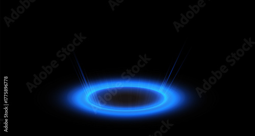 Circular portals, teleport, hologram gadget. Futuristic teleport. Projector HUD or podium for magic circle teleportation. Set of circle holograms.Empty podium light effect.