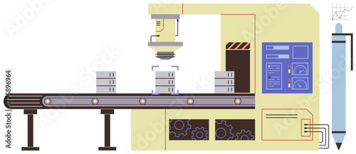 Conveyor carrying products for machine vision inspection under a robotic arm. Ideal for manufacturing, automation, factory process, quality control, robotics, technology, industrial engineering. A