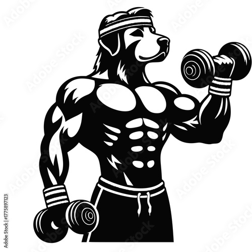 Muscular Dog Lifting Weights, Fitness Canine with Dumbbells