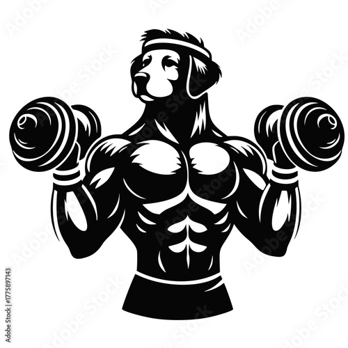 Strong Dog Lifting Weights, Muscular Dog with Dumbbells