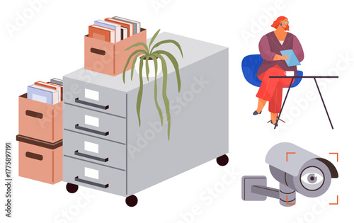 Filing cabinet, stacked boxes, and trailing plant emphasize office orderliness. Woman reading at desk and a security camera suggest workplace productivity and safety. Ideal for workplace