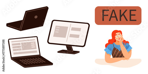Woman pondering surrounded by laptops, monitor, and fake label. Ideal for online misinformation, critical thinking, digital media awareness, cybersecurity, fake news detection, technology literacy