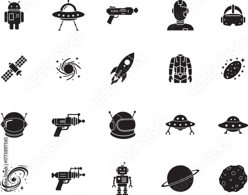 Science Fiction Silhouette icon collection. Includes Silhouette symbols sci-fi, space, alien, robot, astronaut and more. Isolated icons. Sci-fi icon set. Minimalist icons pack.