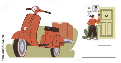 Red scooter with delivery box on the back parked nearby while customer interacts with smart door lock system. Ideal for delivery services, logistics, e-commerce, technology, security, shipping
