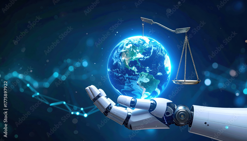Fototapeta premium Robot hand holding globe with justice scale represents future of ethical ai development serious concept for global law and technology innovation