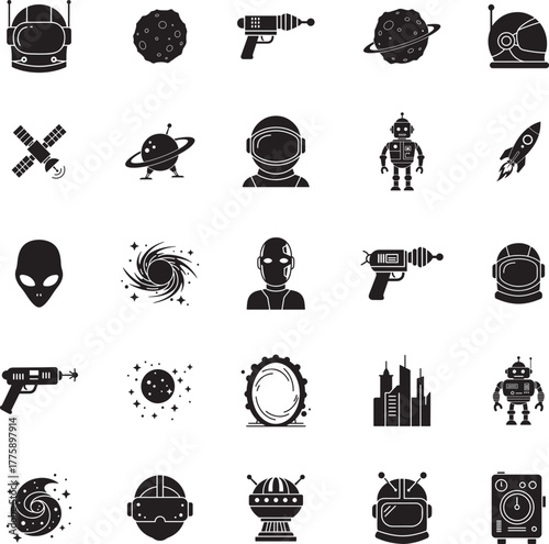 Science Fiction Silhouette icon collection. Includes Silhouette symbols sci-fi, space, alien, robot, astronaut and more. Isolated icons. Sci-fi icon set. 