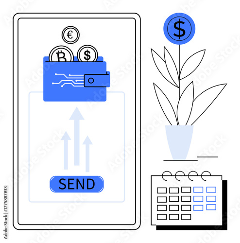 Digital wallet transferring Euro, Dollar, Bitcoin with upward arrows, plant with coin growth, and calendar. Ideal for finance, fintech, payment, investment budgeting digital economy online
