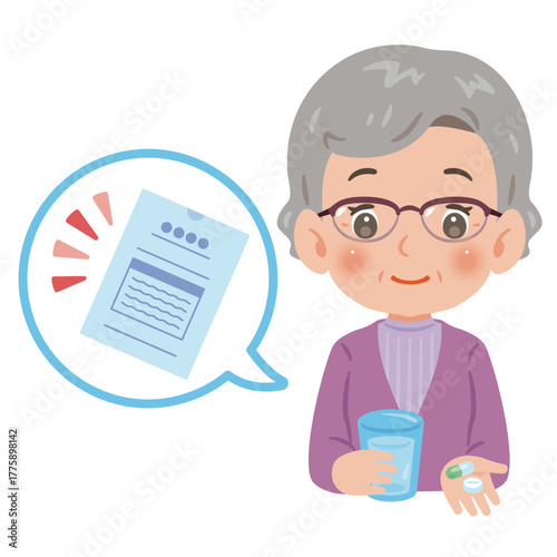薬を飲むシニア女性　上半身イラスト／Senior Woman taking medicine　upper body illustration